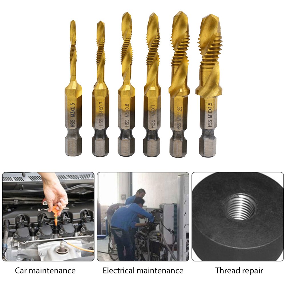 6pcs M3-M10 Hex Shank Titanium Plated HSS Screw Thread Metric Tap Drill Bit