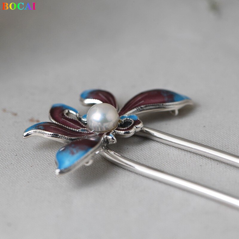 Bocai S925 Sterling Zilveren Haaraccessoires Populaire Cloisonne Pearl Emaille Hoofdtooi Pure Argentum Haarspeld Sieraden Voor Vrouwen