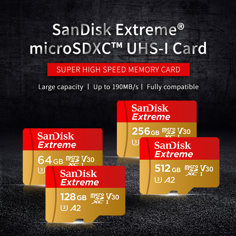 Sandisk Micro SD Card Original Extreme A2 V30 U3 SDXC Flash 32GB 64GB 128GB 256GB MicroSD Card 190MB/s TF Card for Phone Tablet