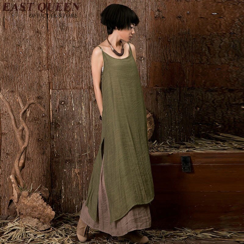 Kvindes sommer linned kjoler sommer linned tøj kvinder tofarvet lang tank top kjole slip kjole  aa2432 yq