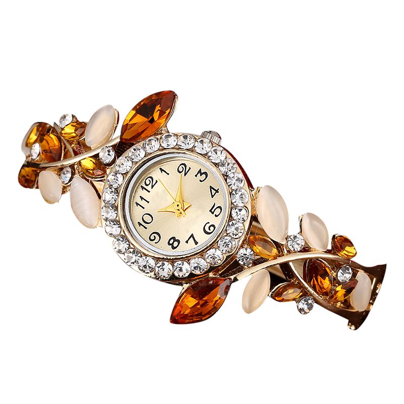 Luksus rhinestone armbåndsur kvinder krystal blad form armbånd ure guld quartz ure