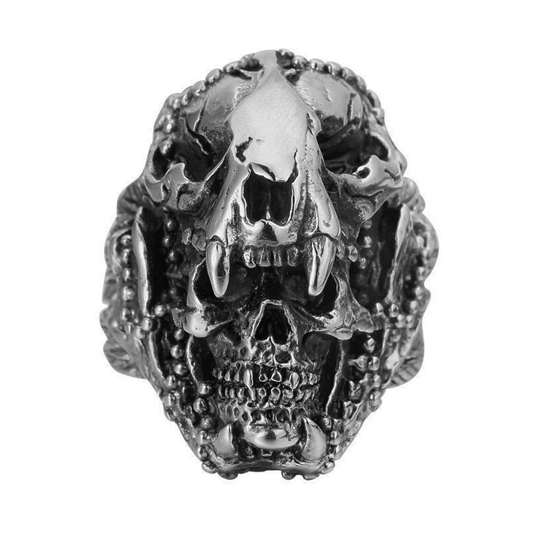Vintage indický jaguár bojovník s lebkou prsteň pre mužov cool motorkárske prstene z nehrdzavejúcej ocele mužské heavy metalové punkové gotické šperky
