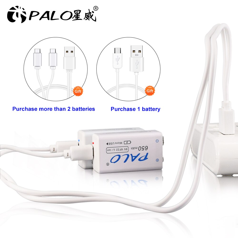 PALO 9V USB batterie au Lithium 650mAh 6F22 6LR61 Li-Ion batterie Rechargeable pour jouets masseurs multimètres guitare avec câble USB