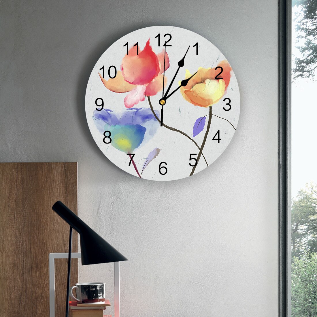 Horloge murale en pvc effet encre, motif plante et fleur, horloge numérique, décoration d'intérieur, décoration de salon moderne