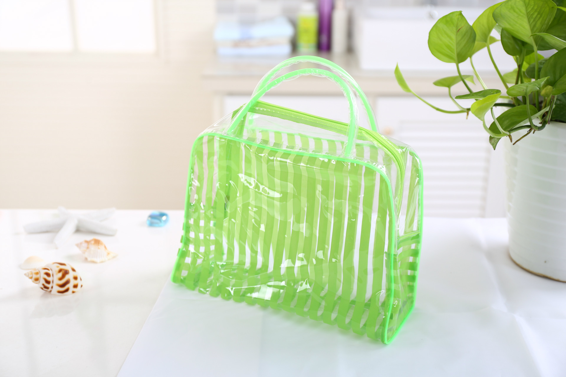 Bolsos transparentes para cosméticos de PVC, bolsa organizadora transparente impermeable para viajes de mujer, estuche de maquillaje de belleza, bolsa de cosméticos de playa: Green