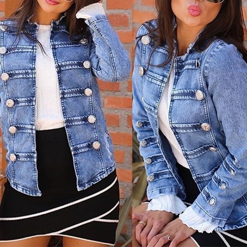 YOCALOR nueva mujer doble pecho Steampunk gótico Punk Jeans chaqueta de mezclilla chaqueta azul claro ocio chaqueta de mezclilla mujeres