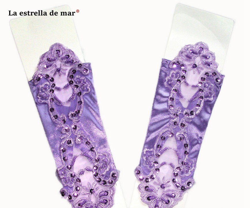 Gants de mariage pour mariée perle multicolore satin sans doigts mariée gants de mariage coude spot applique mariage perlé: lilac