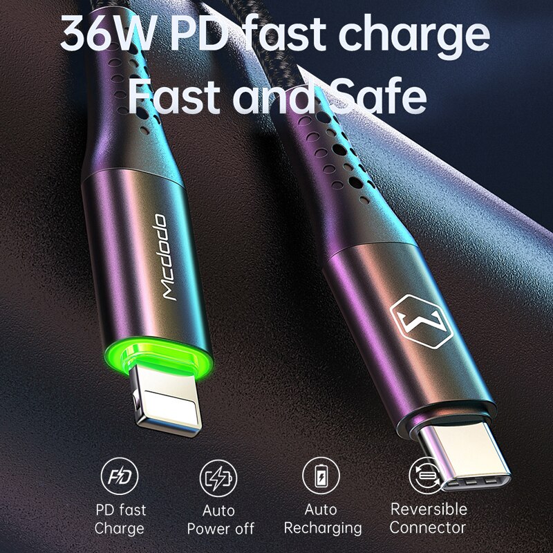 Mcdodo 36W USB typ C PD automatyczny odłącz kabel dla iPhone błyskawica 11 zawodowiec Max X XR XS Max 8 7 szybkie ładowanie USB C doprowadziło kabel danych