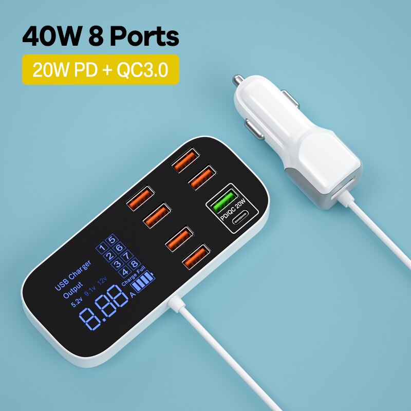 Quick Charge 3.0 Car Charger 40W 8 Ports USB Fast Phone Charger QC 3.0 USB Type C Car Charger for Samsung Huawei Xiaomi iPhone: 8 Port QC3.0 PD3.0