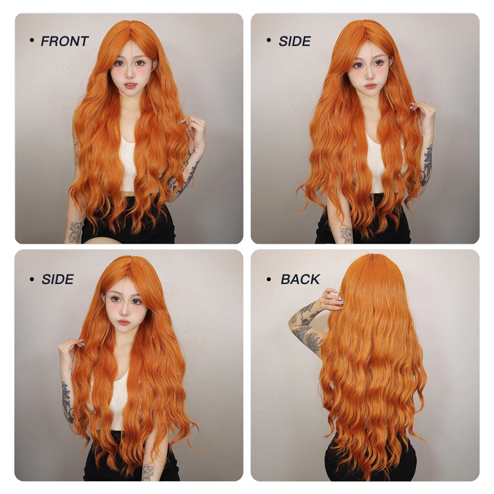 Perruque Synthétique Longue Ondulée Orange pour Femme, Cheveux Naturels Ondulés avec Longue Frange, Perruques de ixCosplay, Degré de Chaleur