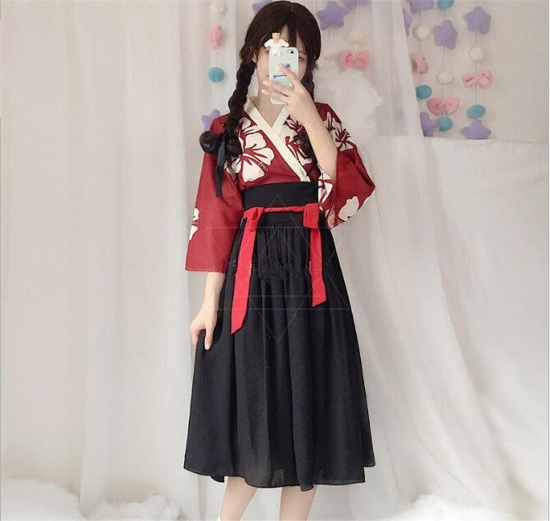 Japonais Kawaii filles Style Kimono robe pour les femmes imprimé fleuri Vintage thé fête asiatique vêtements Vestidos B287: M