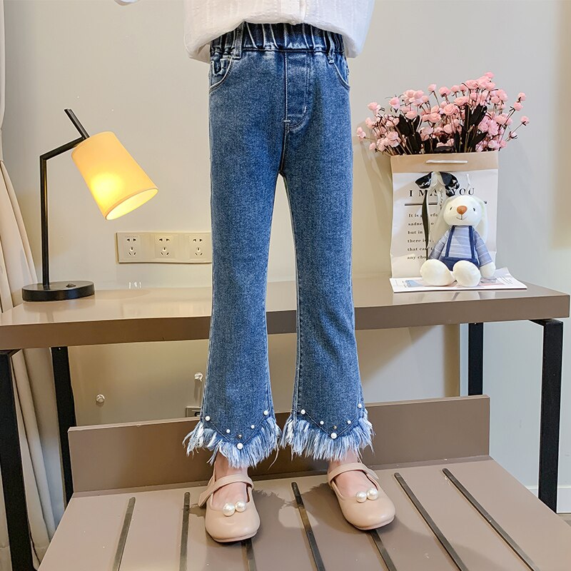 Trend Kids 3 4 6 8 10 11 12 Years Girls Jeans Pearl Beaded Tassel Denim Pants Wild Slim formal trousers Boot cut Jeans pantalone