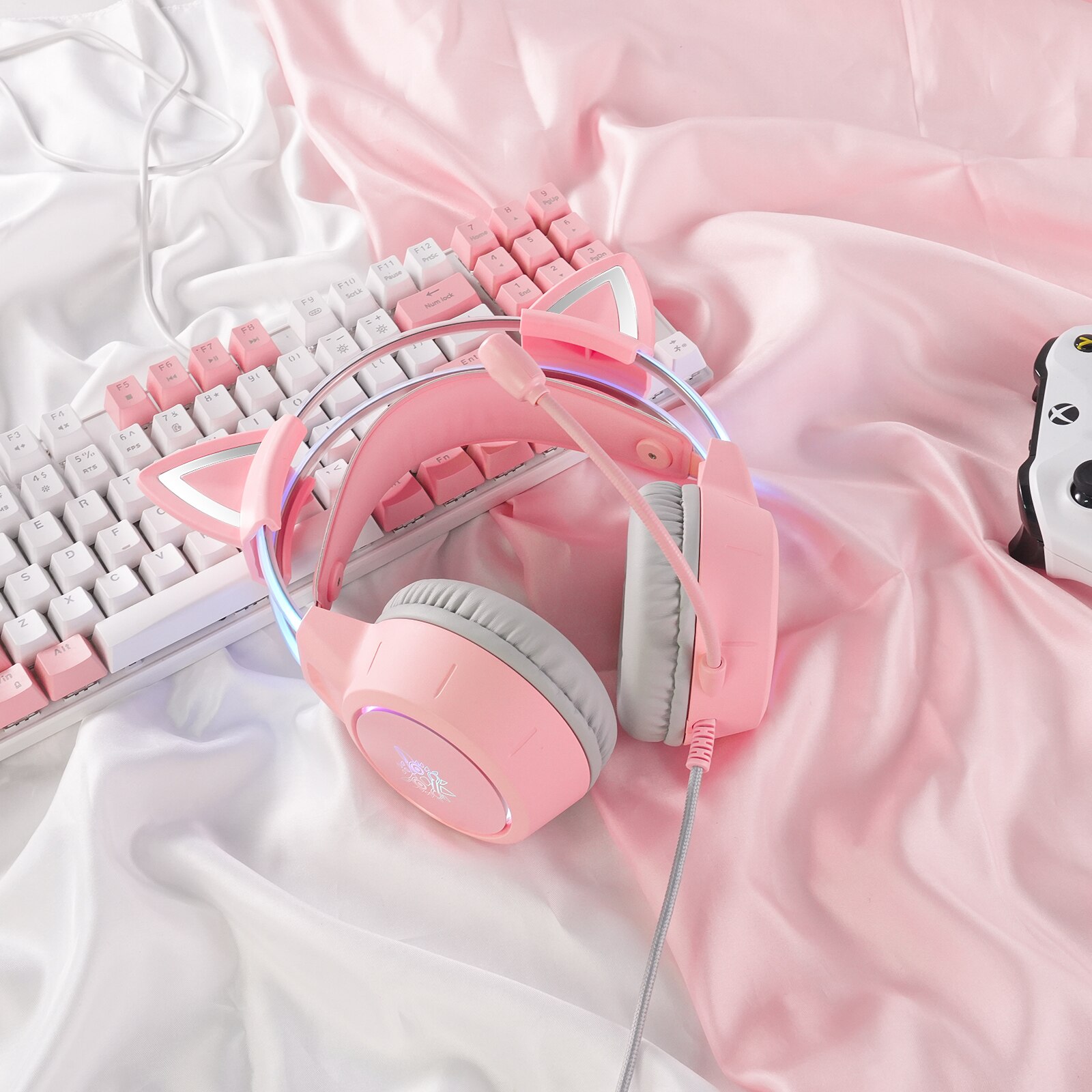 ONIKUMA X15 Pro Over-Ear-Kopfhörer, Gaming-Headset, kabelgebundene Kopfhörer mit Unterdrückung, rosa Katzenohren, RGB-Licht mit Mikrofon für PC PS4
