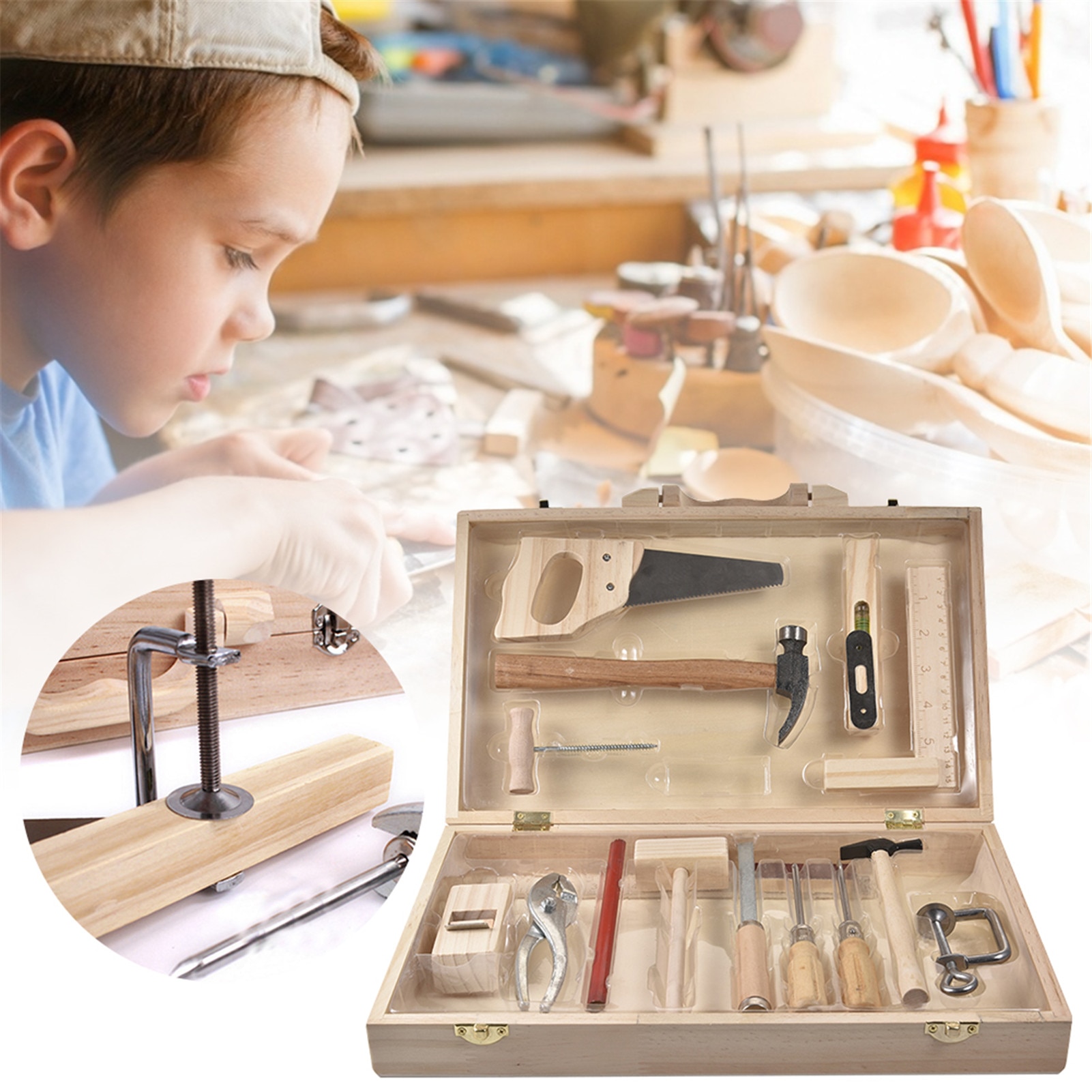 1 Set Kinderen Houten Speelgoed Hout Reparatie Tool Set Pretend Play Vroege Onderwijs Simulatie Speelgoed Gereedschapskist Voor Kinderen