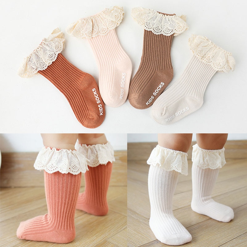 Focusonnm 1-3y 4 cores crianças meninas joelho alto longo macio algodão floral rendas frill guarnição do bebê crianças bonito todo jogo meias