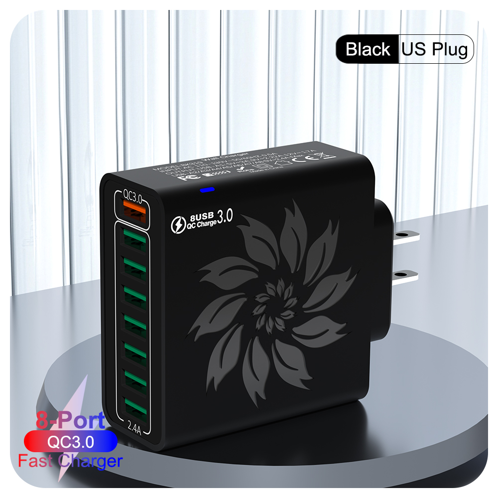 65W Huishoudelijke 8 Poorten USB-oplader met datakabel voor meerdere apparaten USB Snel opladen Muuradapter Quick Charge 3.0 Oplader: Roze