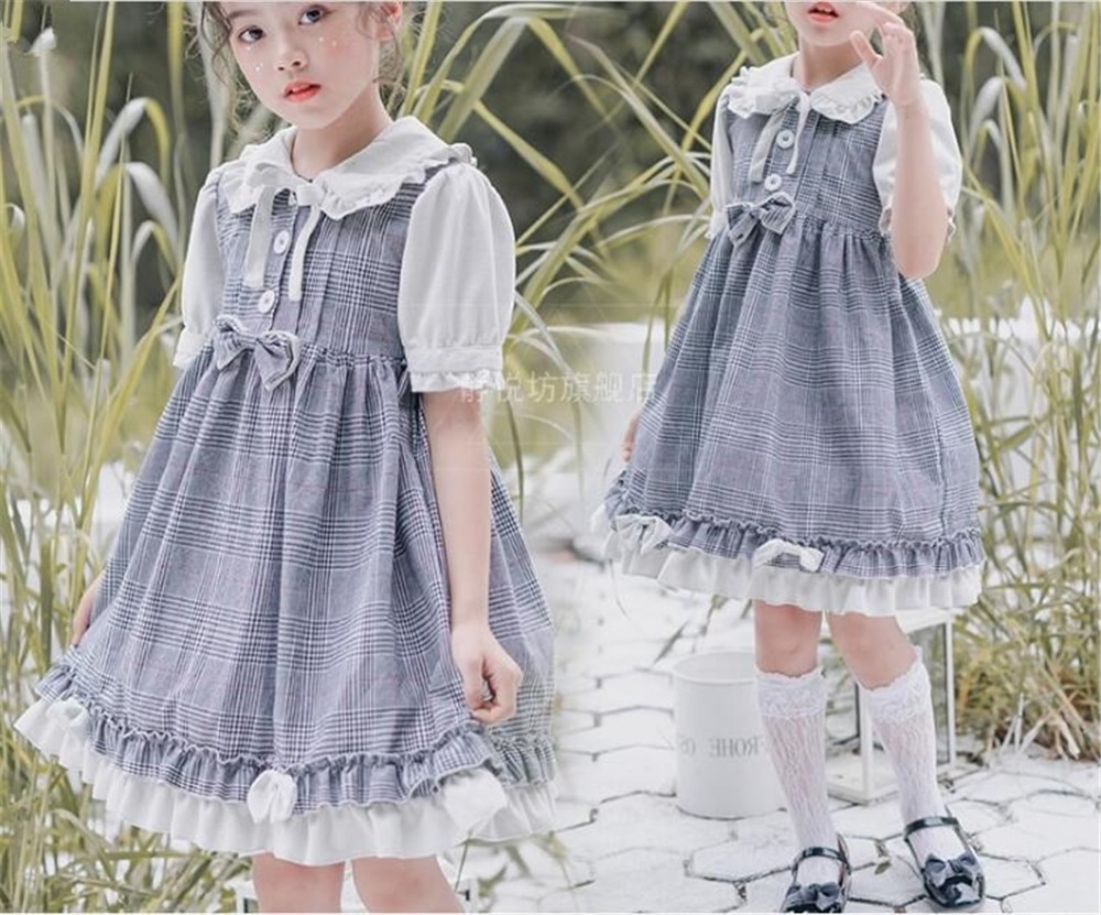 Robe lolita pour filles, tenue vintage, taille haute, avec nœuds, manches courtes/longues, style victorien, kawaii, pour enfants, B817