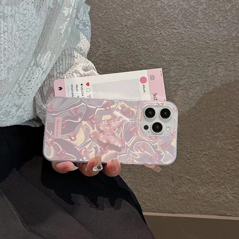 Para iPhone 15 Pro 16 Plus 14 Pro Max 13 12 11 X XS XR 7 8 SE romántico corazón rosa mariposa brillo forro duro alta funda de teléfono
