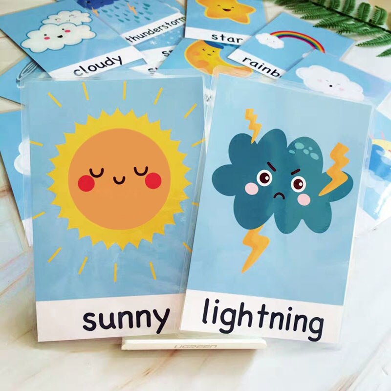 Kids Weather Flash Cards Learning Toys English Cards Weather Cognitive Learning Educational Toys Waterproof Cards Teaching Aids