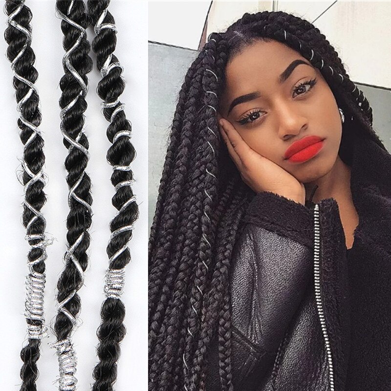 Trenzas de pelo trenzado de color dorado y plateado, cabello fino brillante, cuerdas de pelo trenzado africano, cuerda elástica trenzada