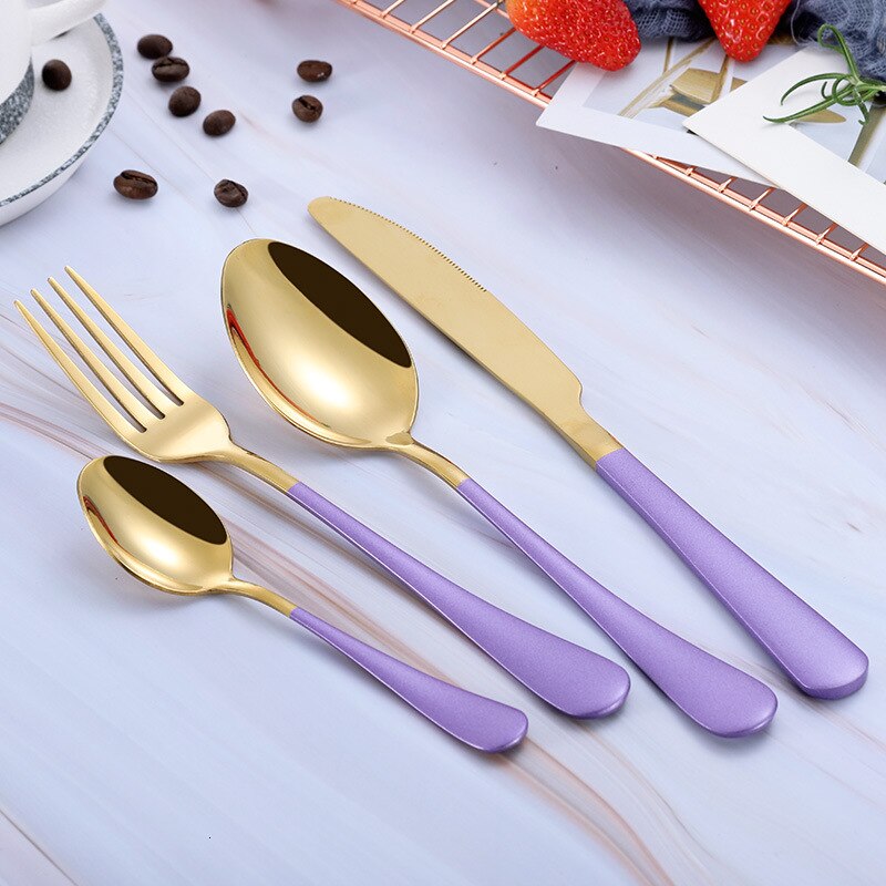 Black Gold Cutlery Set 18/10 Stainless Steel Fork Spoon Knife Set Mirror Tableware Set Portable Kitchen Spoon Silverware Set: purple gold