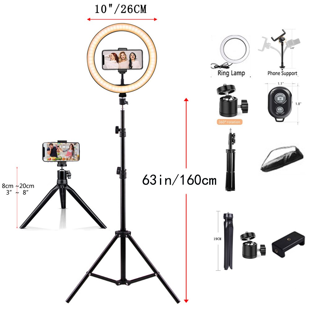 26cm LED Selfie Ring Light RingLight Photography Dimmable Lamp Circle Fill Light Trepied Stand Holder Tripod Mini Desktop Phone: YELLOW