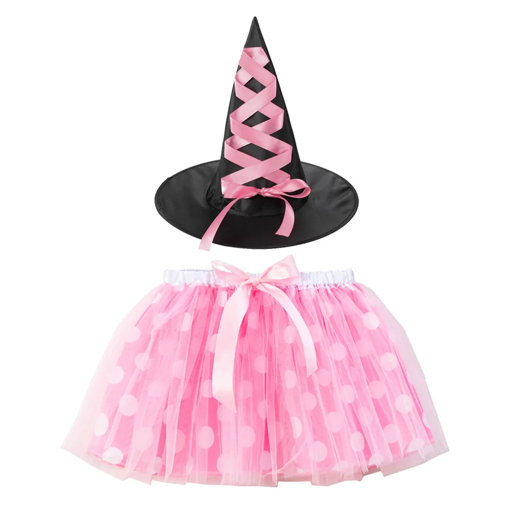 Children Girls Halloween Polka Dot Spiderweb Witch Skirt Hat Spider Web Tutu Outfit Party Dress Up Cosplay Costumes Carnival: S / Pink