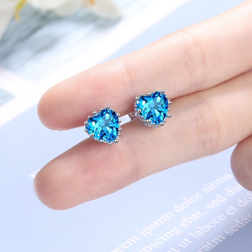 925 Sterling Zilver Liefde Hart Oorbel Luxe Vrouwelijke Crystal Blue Zircon Stud Oorbellen Voor Vrouwen Wedding Party S-E1039