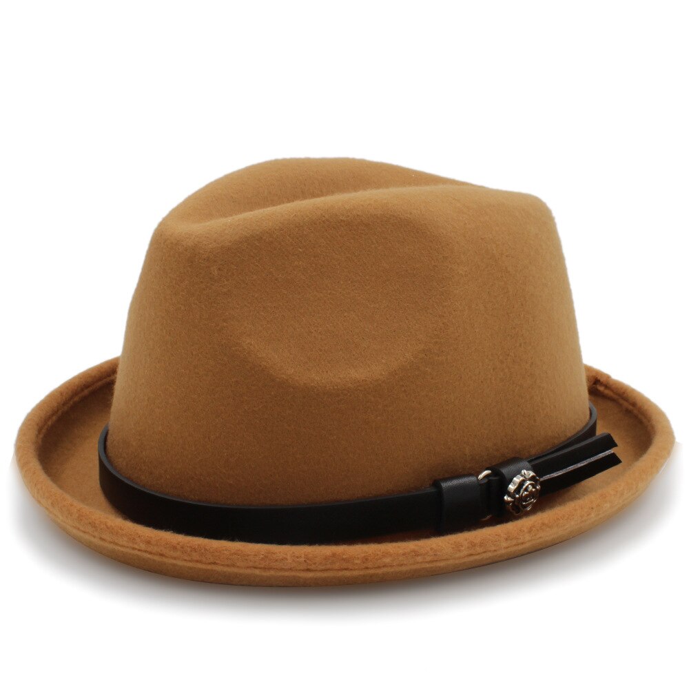 Mænds filt fedora hat til herre vinter efterår kirke roll up brim homburg far jazz hat med bælte: Khaki