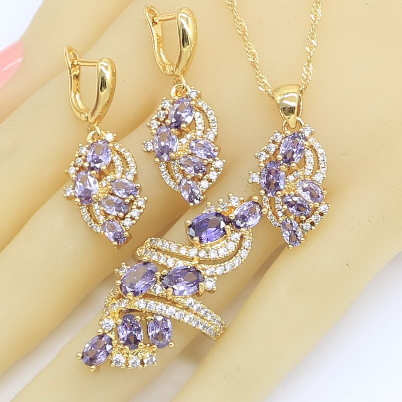 Charmante paarse zirkoon gouden sieraden sets voor vrouwen bruiloft oorbellen ketting hanger ringen doos: Paars / 8