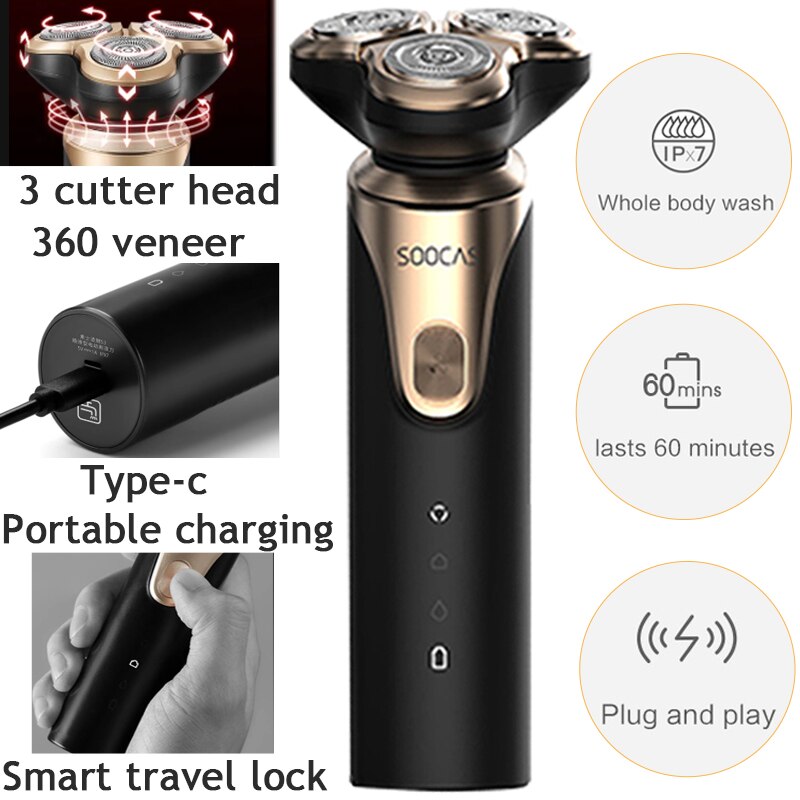SOOCAS S3 Afeitadora eléctrica, afeitadora 3D, recortadora de barba tipo C, máquinas de afeitar recargables IPX7, Afeitadora eléctrica a prueba de agua para hombres 4