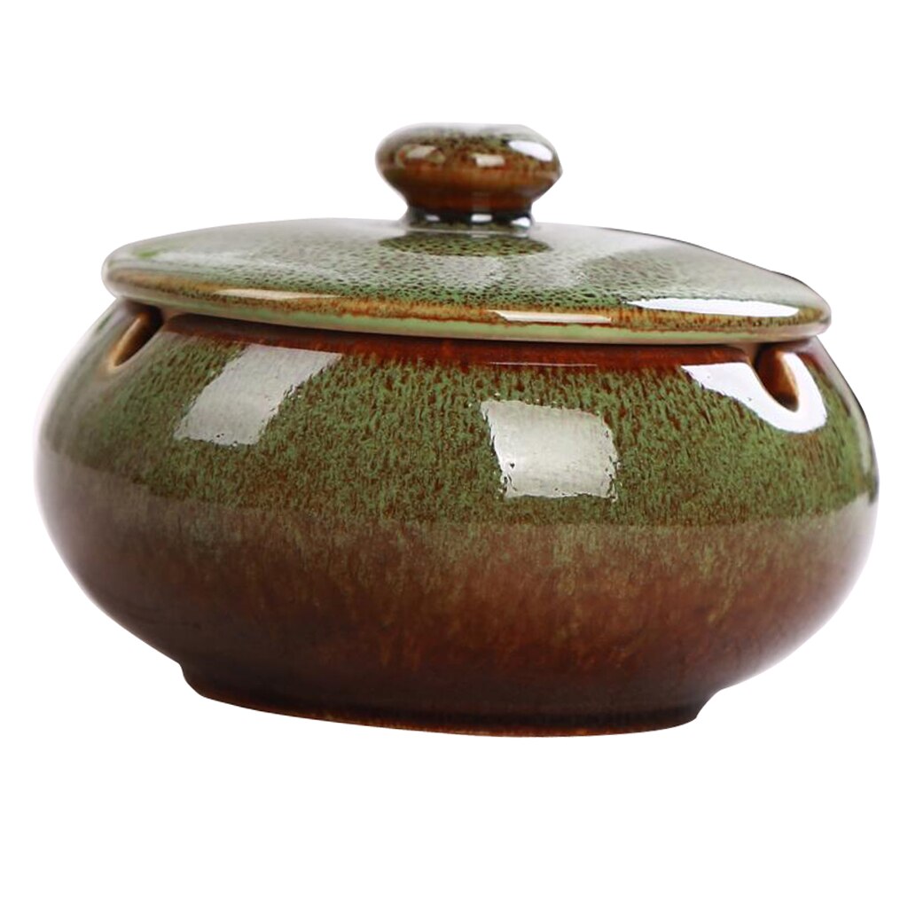 5Colors Garden Ceramic Ashtray with Lid Outdoor Indoor, Height 3.15" Diameter: 4.3": Green