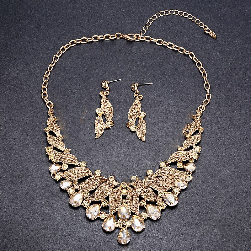 Luxury Leaf Shape Rhinestone Crystal Alloy Necklace Earrings Jewelry Set For Bride Bridal Wedding Party Statement Accessories: Champagne