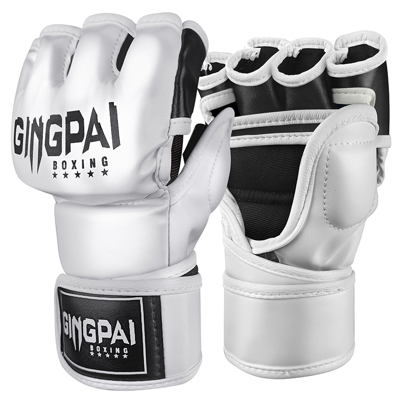 Medias manoplas MMA Fighting Kick Boxing guantes, bolsa pesada de boxeo sin dedos con guantes acolchados para Kickboxing Sparring Muay Thai: M / Blanco