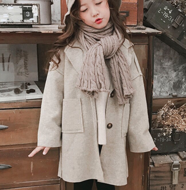 girl wool coat wool Long Sleeve belted Windbreaker autumn winter clothes Kids jacket Outwear