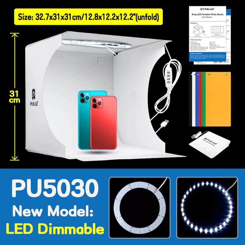Puluz Mini Fotostudio Doos Draagbare Foto Lightbox Ring Led Fotografie Schieten Tent Box Kit Met 6 Achtergronden Studio Softbox: 30cm Ring LED
