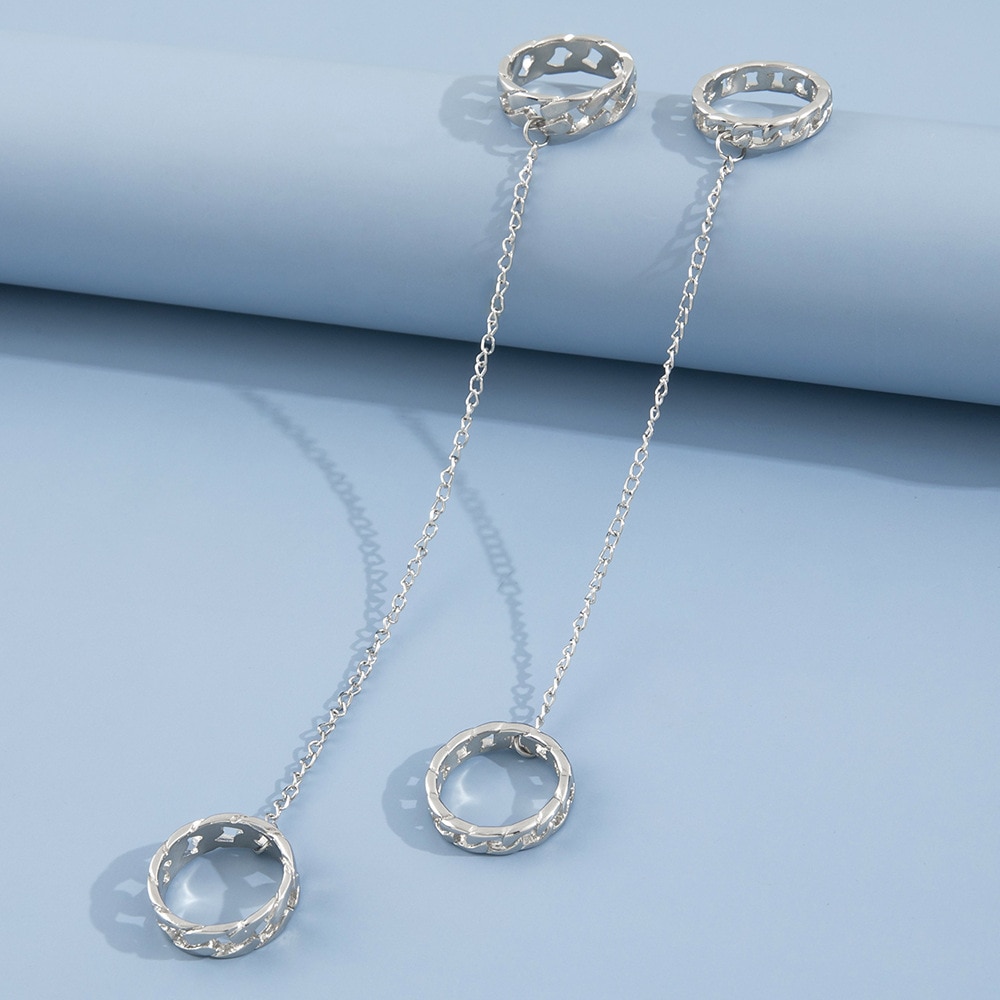 2 Stks/set Punk Lange Kwast Ketting Ringen Voor Vrouwen Hip Hop Mannen Zilver Kleur Hollow Geometrische Paar Ring Set Mode partij Sieraden