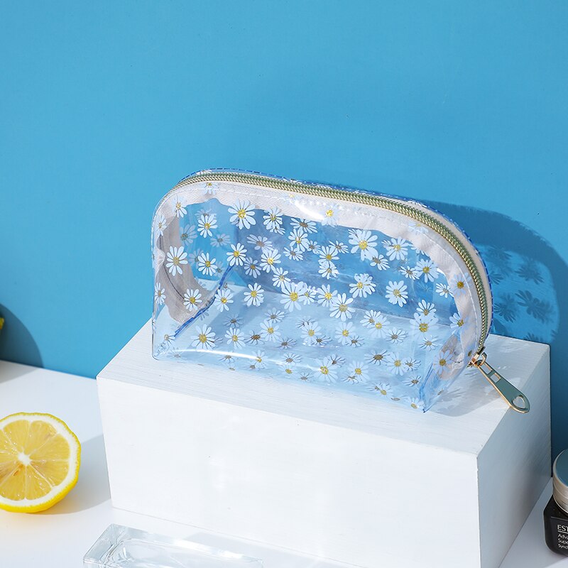 Brivilas blomster gennemsigtig kosmetiktaske kvinder pvc rejseopbevaring make up tasker vandtæt bærbar toilettaske pige: Blå