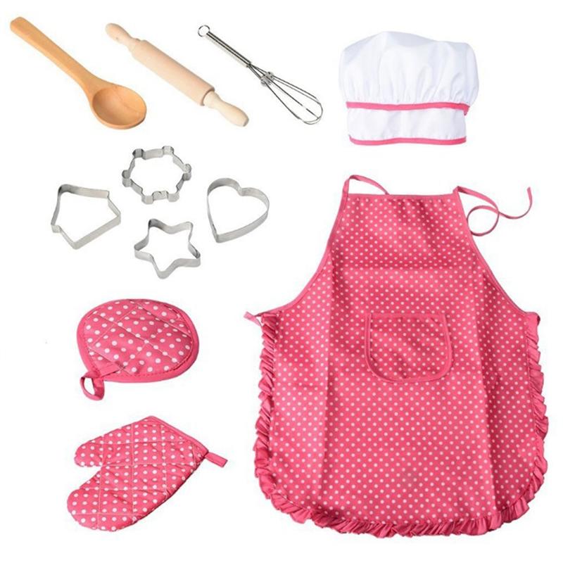 11 stk koks sæt komplet børnekøkken legesæt med kokkehue forklæde madlavningshandsker og redskaber til børn madlavning leg