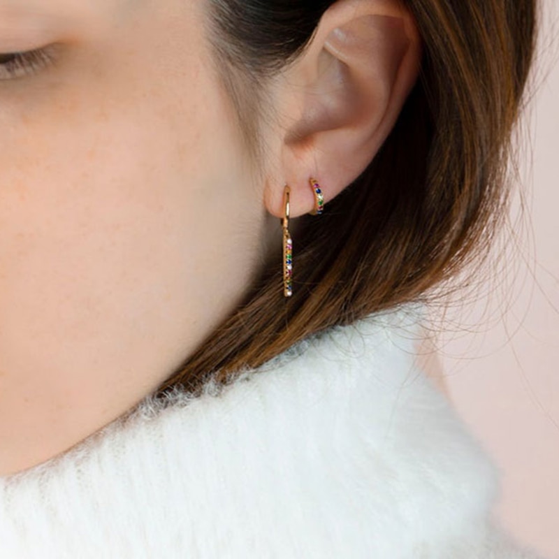 Peri'sBox 5 Designs Colorful Lightning Small Hoop Earrings CZ Stone Long Bar Geometric Earrings for Women Circle Dainty Earrings