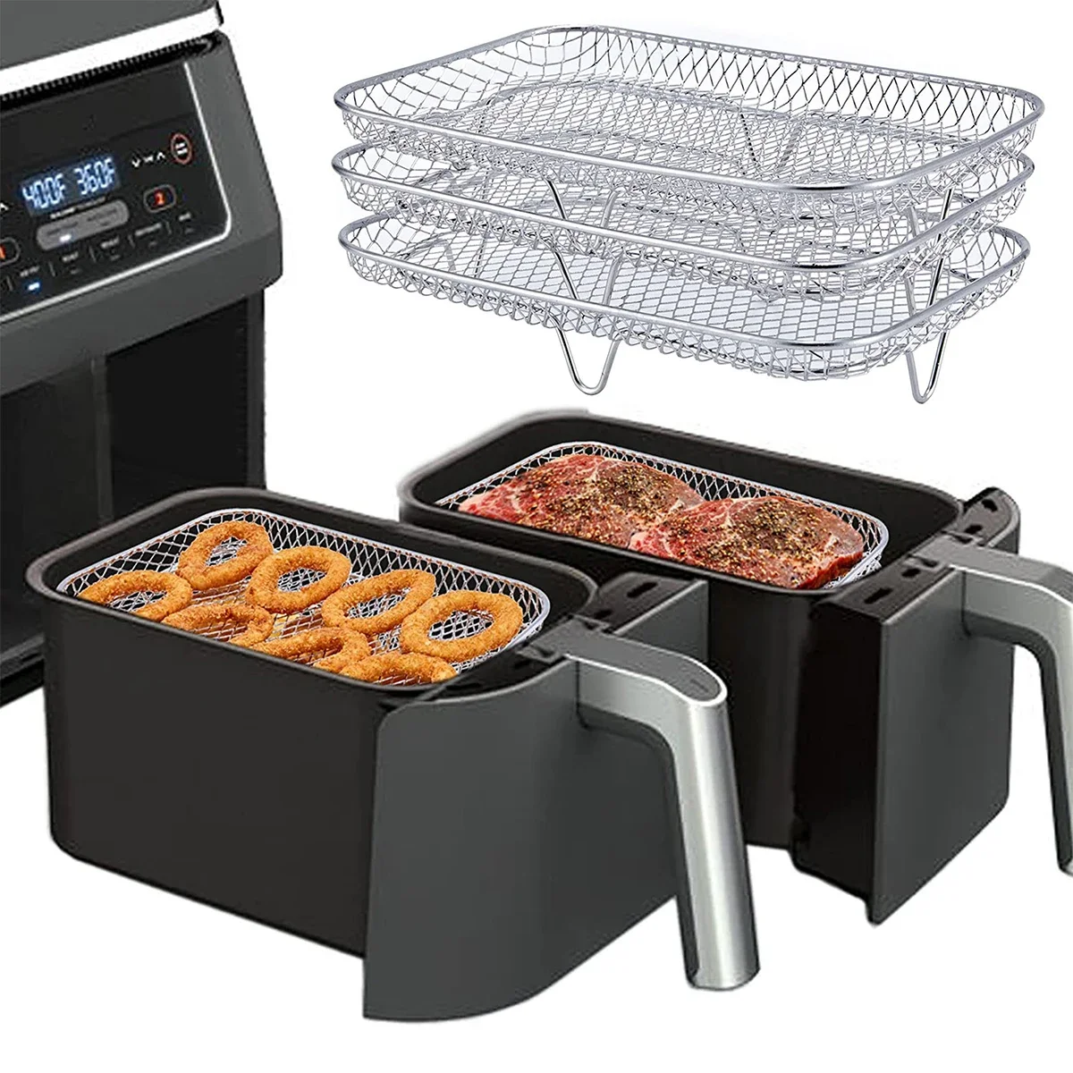 Drie stapelbare luchtfriteuse rek ovens rekken roestvrijstalen mand lade luchtfriteuse accessoires keukengadgets bakgereedschap