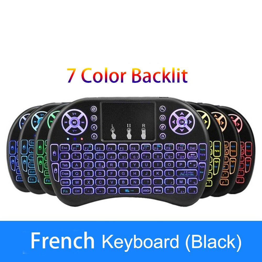 7 färger bakgrundsbelyst  i8 mini trådlöst tangentbord 2.4g engelska ryska spanska luftmus handhållen pekplatta för android tv box mini pc: Fransk bakgrundsbelysning