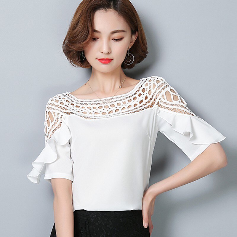 Blusas de gasa con volantes para Mujer, Tops de encaje calado, talla grande, verano,