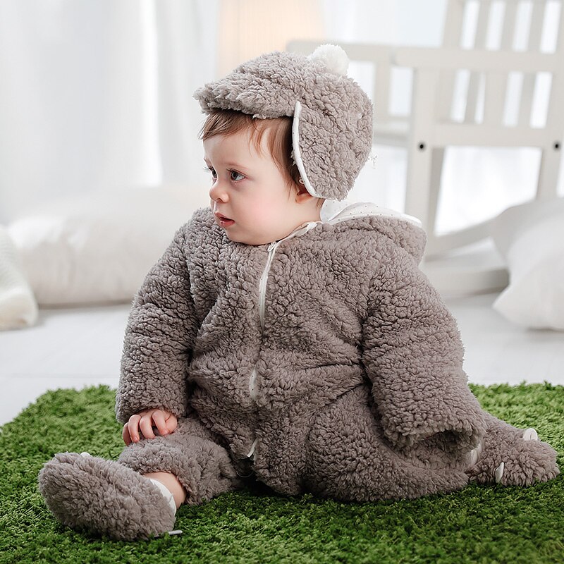 Lamb wool hooded mid-open bodysuit Baby Warm Winter Jumpsuits Overall Romper Kids Boy Girl Climbing Pajamas Clothes Outfits: 17C519L Grey