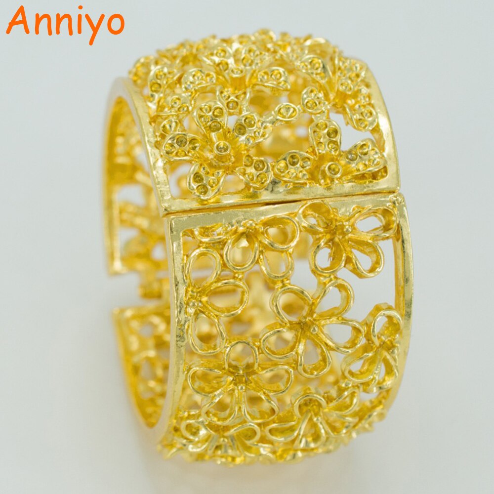 Anniyo Bloemen Grote Armband Voor Vrouwen, Goud Kleur Bloem Grote Bangle Met Lente Gp Sieraden Trendy #041006