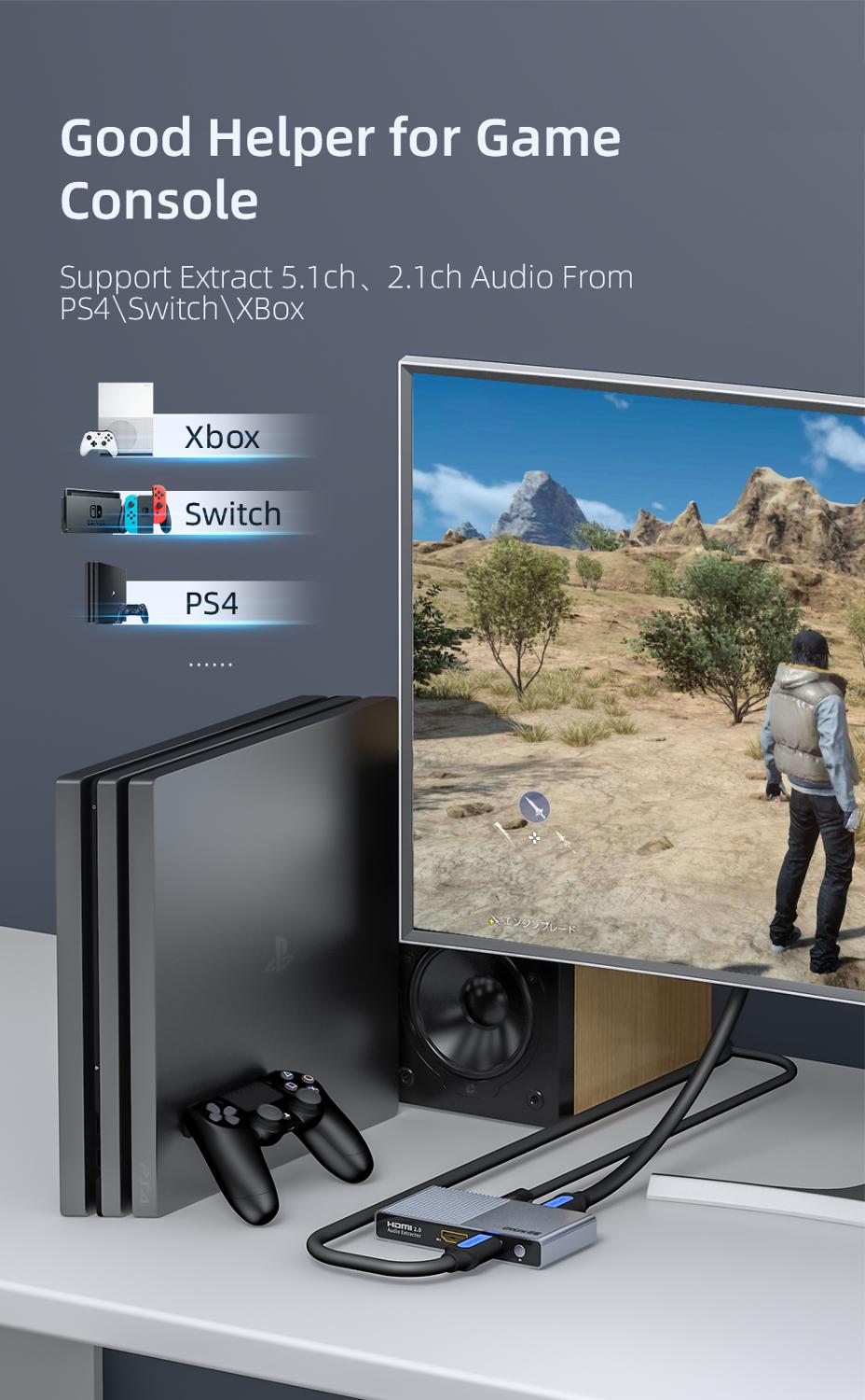 Unnlink HDMI 2,0 Audio Extractor 2 in 1 heraus 2x1 Schalter UHD 4K @ 60Hz HDCP 2,2 Split 5,1 ch SPDIF Toslink 2,1 ch 3,5mm ARC für PS4 TV