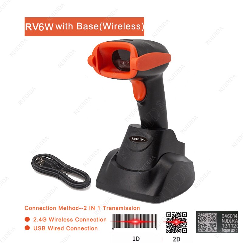 Bluetooth Barcode Scanner 2D Drahtlose Bar code Scanner 2d QR Code Reader Verdrahtete Handheld Reader PDF417 für IOS Android Telefon PC: RV6W Wireless W Base