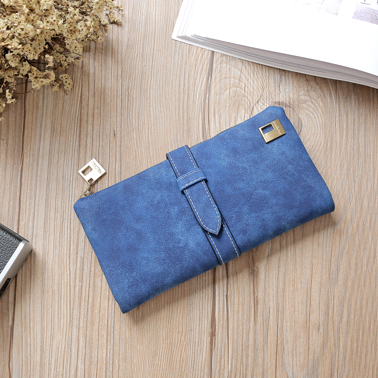 Leer Rits Lange Vrouwen Portefeuilles Effen Trekkoord Nubuck Luxe Portemonnee Portemonnee Kaarthouder Clutch Billetera Mujer: Blue
