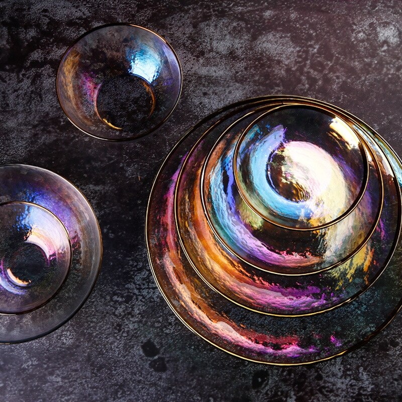 Creatieve Japanse Stijl Regenboog Ion Gehamerd Glas Plaat Set Westerse Salade Fruitschaal YHJ022701