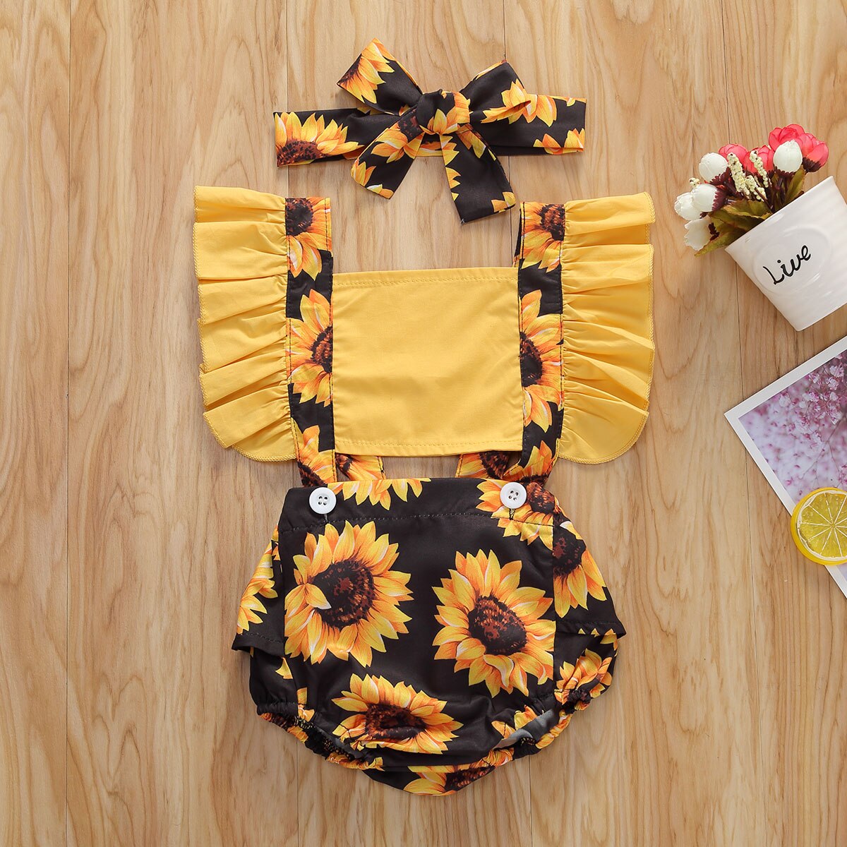 0-24M Infant Baby Girls Boys Sunflowers Bodysuits Ruffles Sleeve Print Summer Jumpsuits Headband